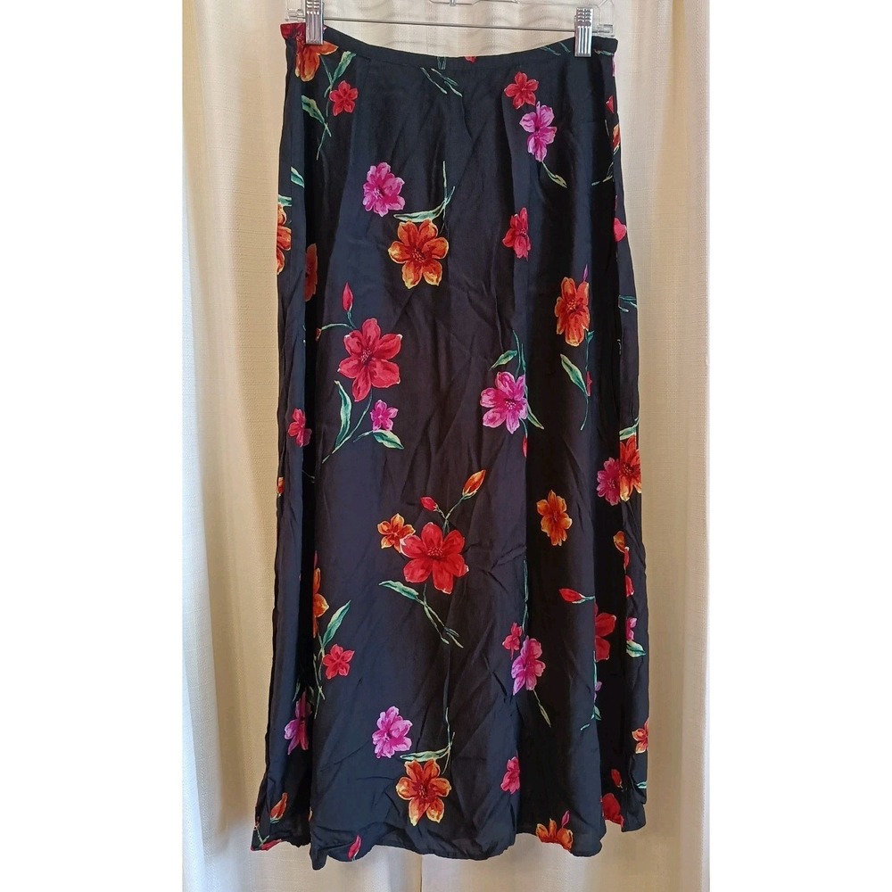 Vtg Norton McNaughton Black Floral 100% Rayon Midi Skirt Womens 10 Office